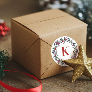 Feestelijke Monogram Kerstkrans Greenery Ronde Sticker