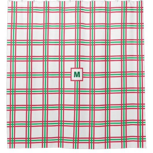 Feestelijke Monogram Moderne Rood Groen Plaid Vaka Douchegordijn (Voorkant)