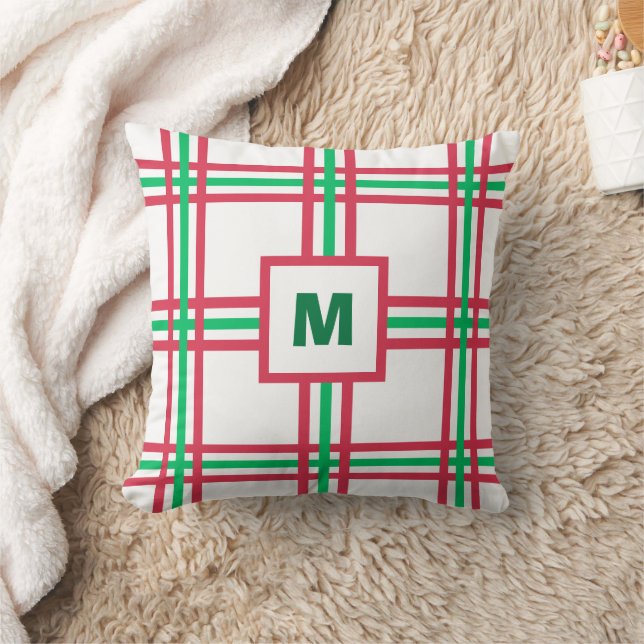 Feestelijke Monogram Moderne Rood Groen Plaid Vaka Kussen (Deken)