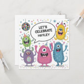 Feestelijke Monsters Verjaardagsontwerp voor Kinde Kaart (Voorkant / Achterkant in situ)