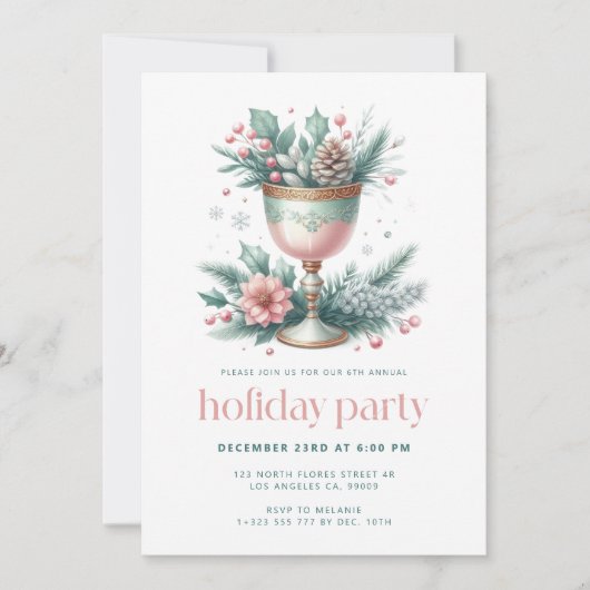 Feestelijke Munt & Roze Kerstmiskelk Uitnodiging (Voorkant)