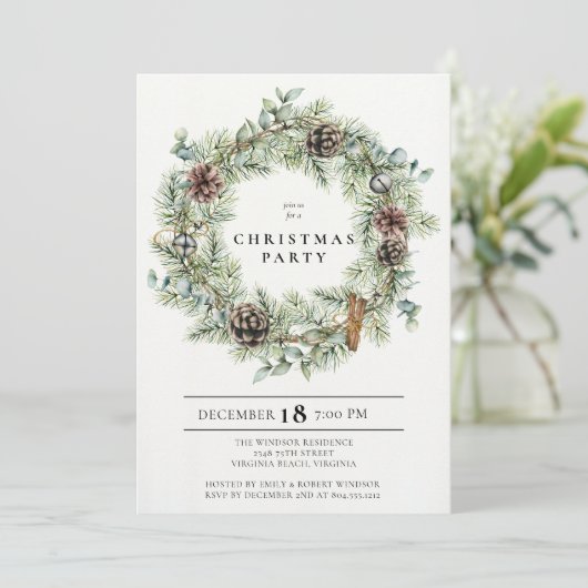 Feestelijke Natural Wreath Holiday Party uitnodigi Kaart (Staand voorkant)
