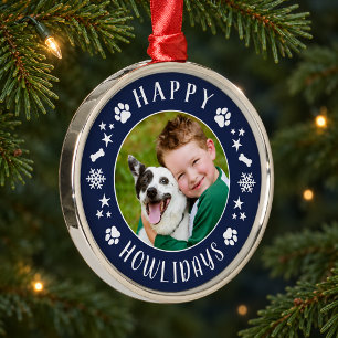 Feestelijke Navy Blauwe Howlidays Hond Foto Krans Metalen Ornament