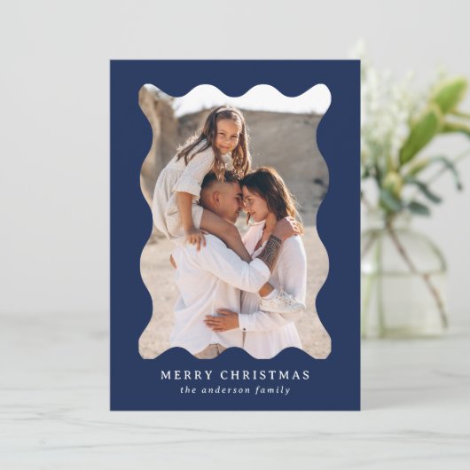 Feestelijke Navy Retro Foto Lijst Vrolijk Kerstfee Feestdagenkaart (Staand voorkant)