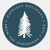 Feestelijke Navy Winter Pine Kerstboom Vakantie Ronde Sticker (Voorkant)