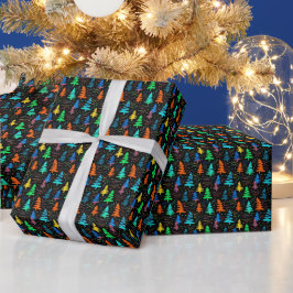 Feestelijke Neon Zwart Blauw Kerstbomen Patroon Cadeaupapier