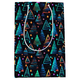 Feestelijke Neon Zwart Blauw Kerstbomen Patroon Medium Cadeauzakje