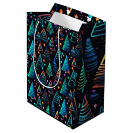 Feestelijke Neon Zwart Blauw Kerstbomen Patroon Medium Cadeauzakje