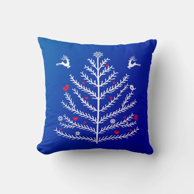 Feestelijke Noordse Kerstboom Herten Blauw Kussen (Voorkant)