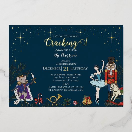Feestelijke Notenkraker Ballet Kerstfeest Marinebl Folie Uitnodiging (Voorkant)