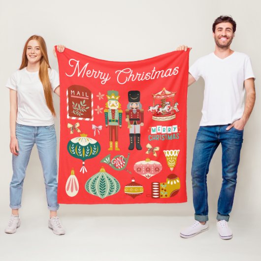 Feestelijke Notenkraker patroon Kerst Rood Fleece Deken (In situ)