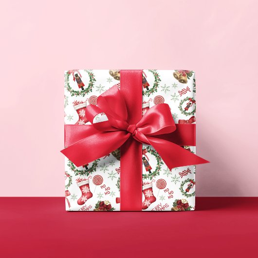 Feestelijke Notenkraker & Rode strik Kerstvakantie Cadeaupapier