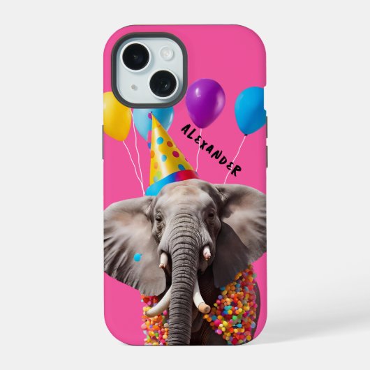 Feestelijke olifant met ballonnen, feestelijk ontw iPhone 15 case (Achterkant)