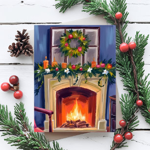 Feestelijke Open Haard Kerstkrans Watercolor Feestdagenkaart