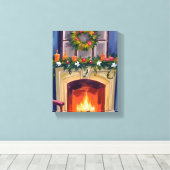 Feestelijke open haard Kerstkrans Waterverf Canvas Afdruk (Insitu (Houten vloer))