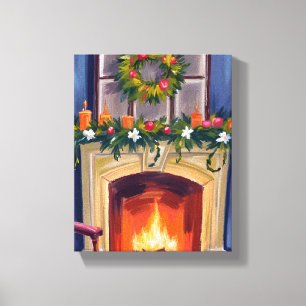 Feestelijke open haard Kerstkrans Waterverf Canvas Afdruk