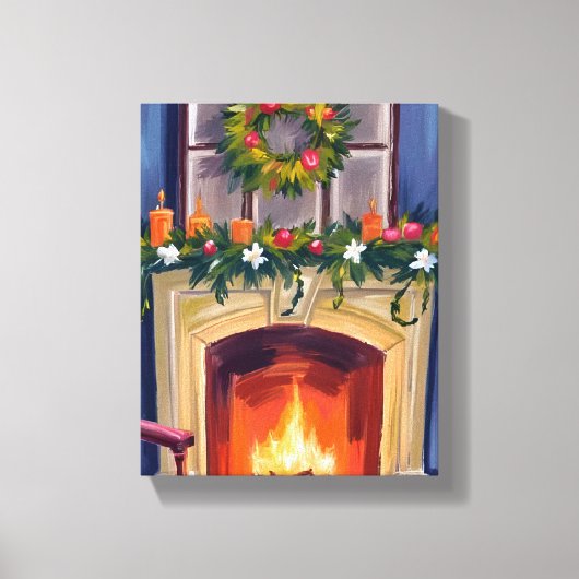 Feestelijke open haard Kerstkrans Waterverf Canvas Afdruk (Voorkant)