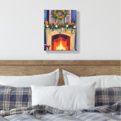Feestelijke open haard Kerstkrans Waterverf Canvas Afdruk (Insitu (Slaapkamer))