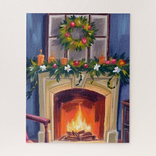 Feestelijke Open Haard Kerstkrans Waterverf Legpuzzel (Verticaal)