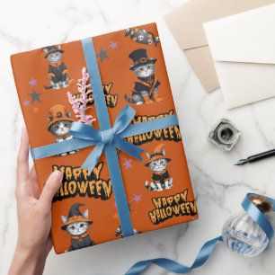 Feestelijke oranje Heksenkatten in Halloween Vermo Cadeaupapier