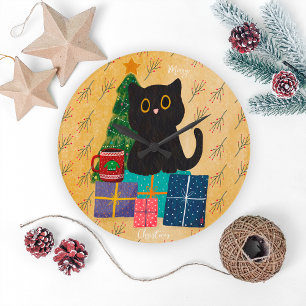 Feestelijke Oranje Prettig Kerstmis Zwarte Kat Kof Grote Klok