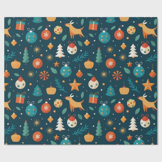 Feestelijke Ornamenten en rendierpatroon Cadeaupapier (Vlak)