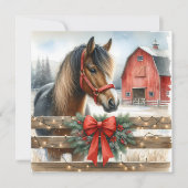 Feestelijke Paard en Rode Rustieke Schuur Kerstmis Feestdagenkaart (Voorkant)