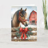 Feestelijke Paard en Rode Rustieke Schuur Kerstmis Kaart (Voorkant)