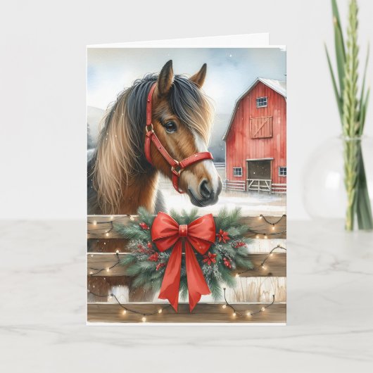 Feestelijke Paard en Rode Rustieke Schuur Kerstmis Kaart (Voorkant)