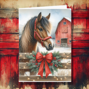 Feestelijke Paard en Rode Rustieke Schuur Kerstmis Kaart