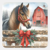 Feestelijke Paard en Rode Rustieke Schuur Kerstmis Vierkante Sticker (Voorkant)