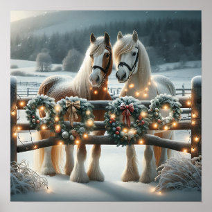 Feestelijke paarden en kerstverlichting poster