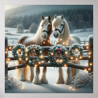 Feestelijke paarden en kerstverlichting poster