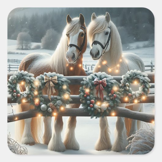 Feestelijke paarden en kerstverlichting vierkante sticker (Voorkant)