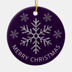 Feestelijke paarse zilveren glinsterende kerstsnee keramisch ornament