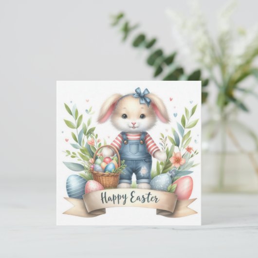 Feestelijke Paasmand Bunny Overalls Illustratie Feestdagenkaart (Staand voorkant)