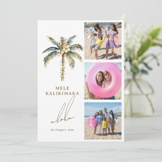 Feestelijke palmboom Mele Kalikimaka Hawaiian Foto Feestdagenkaart (Staand voorkant)