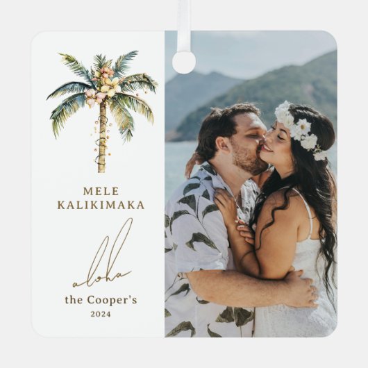 Feestelijke palmboom Mele Kalikimaka Hawaiian Foto Metalen Ornament (Voorkant)