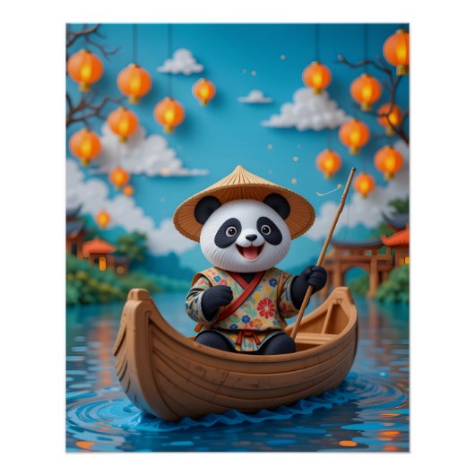Feestelijke Panda Boat Scene Perfect Poster (Voorkant)