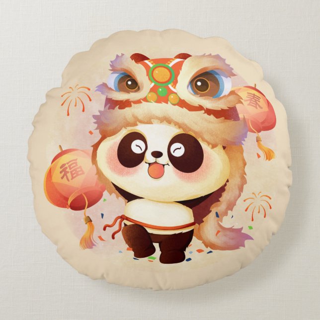 Feestelijke Panda Viering Rond Kussen (Voorkant)