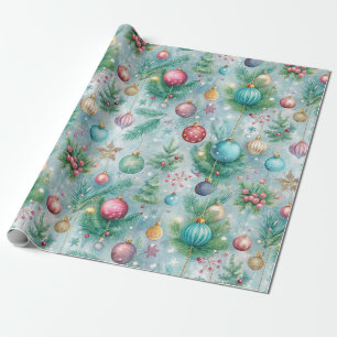 Feestelijke Pastel Kerstboom Ornament Holly Berry Cadeaupapier