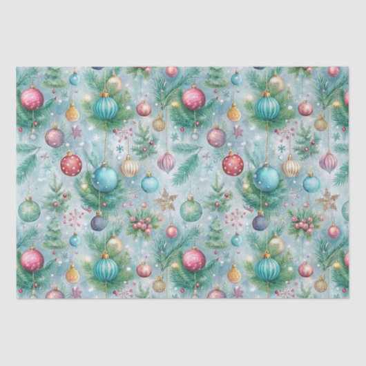 Feestelijke Pastel Kerstboom Ornament Holly Berry Tissuepapier (Voorkant)
