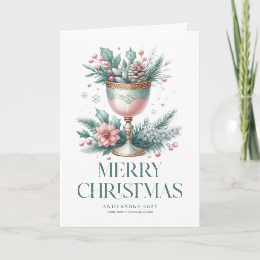 Feestelijke pastelmunt & roze kerstkelk kaart (Voorkant)
