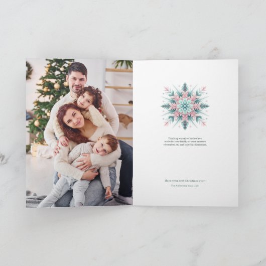 Feestelijke pastelmunt & roze kerstsneeuwvlok kaart (Binnen)