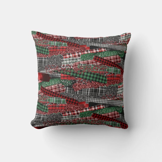Feestelijke Patchwork Plaid & Glitter Kerstaccent Kussen (Voorkant)