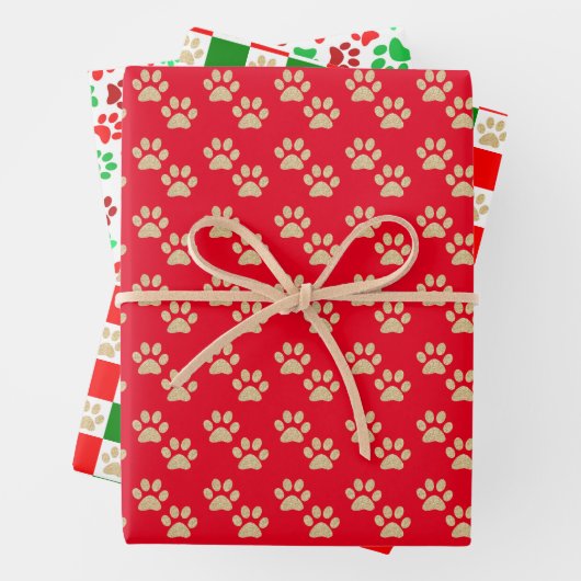 Feestelijke Paw Prints Pet Lovers Rood & Groen Vak Inpakpapier Vel (In situ)