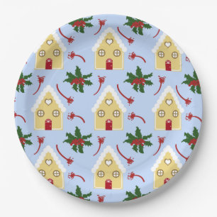 Feestelijke peperkoek huis en hulst patroon papieren bordje