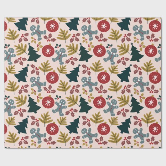 Feestelijke perzik kerstboom en peperkoek mannen cadeaupapier (Vlak)