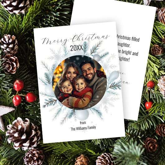 Feestelijke Pine Branches Bauble Foto Kerstmis Feestdagenkaart