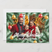 Feestelijke Pine Branches Baubles Foto Kerstmis Feestdagenkaart (Voorkant)